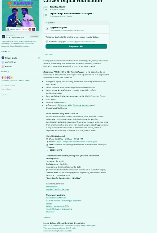 Full event-page screenshot for YDF Kria AI Playday by Citizen Digital Foundation. The About section lists benefits including World Economic Forum–approved verifiable credentials and a complimentary copy of Everyday AI by Sushmita Sen Gupta and Debaprasad Mukherjee.
