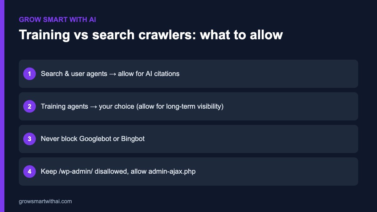 Which AI crawlers to allow in robots.txt — training vs search