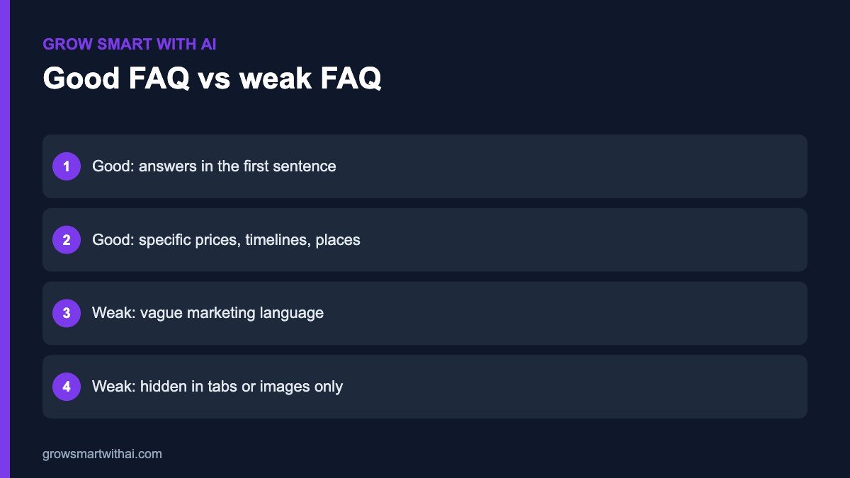 FAQ generator tips — good FAQ vs weak FAQ examples