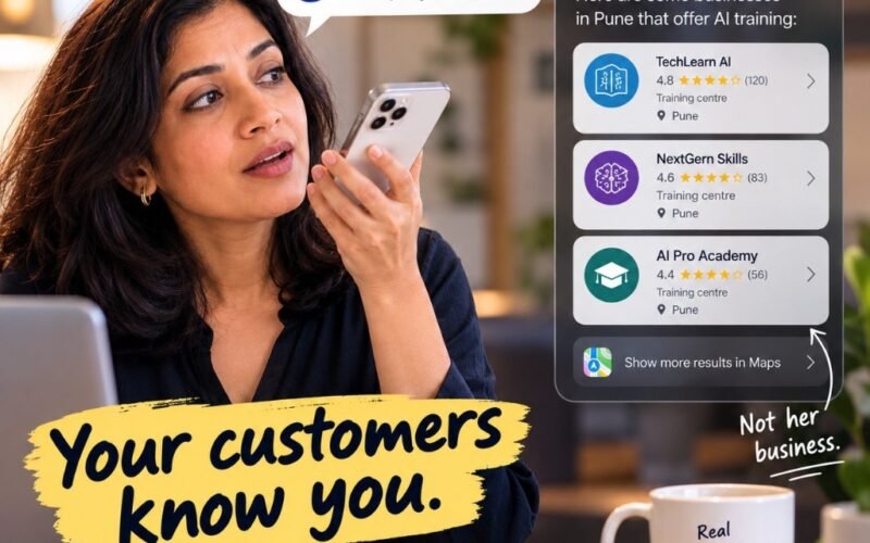 A woman asks Siri for an AI training company in Pune and sees other businesses listed — her own is missing.