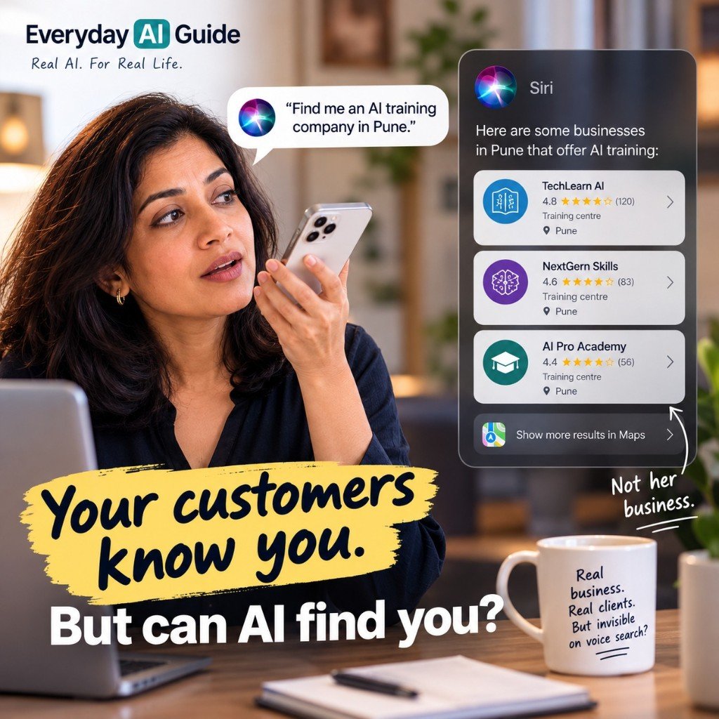 A woman asks Siri for an AI training company in Pune and sees other businesses listed — her own is missing.