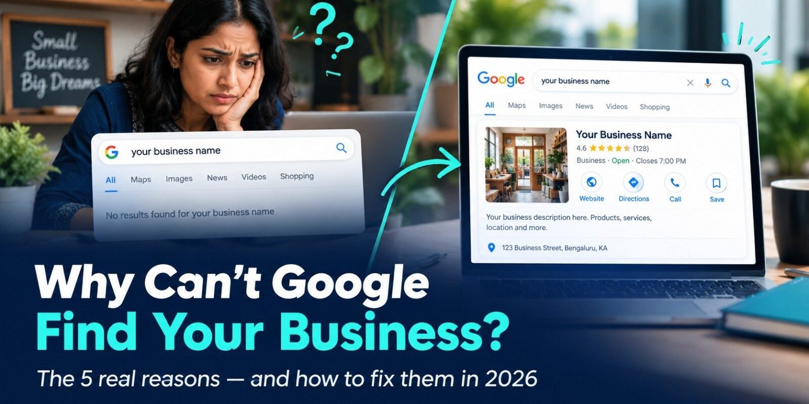 Business not showing up on Google: a frustrated Indian business owner searching on a laptop, beside a complete Google Business Profile listing