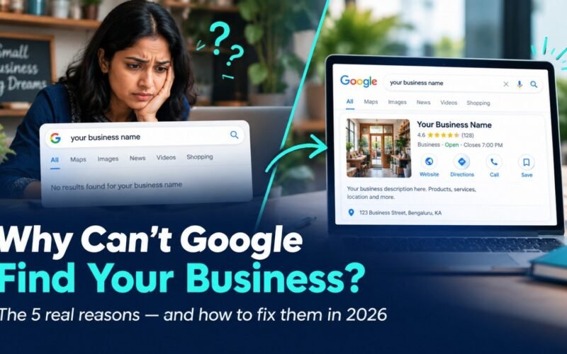 Business not showing up on Google: a frustrated Indian business owner searching on a laptop, beside a complete Google Business Profile listing